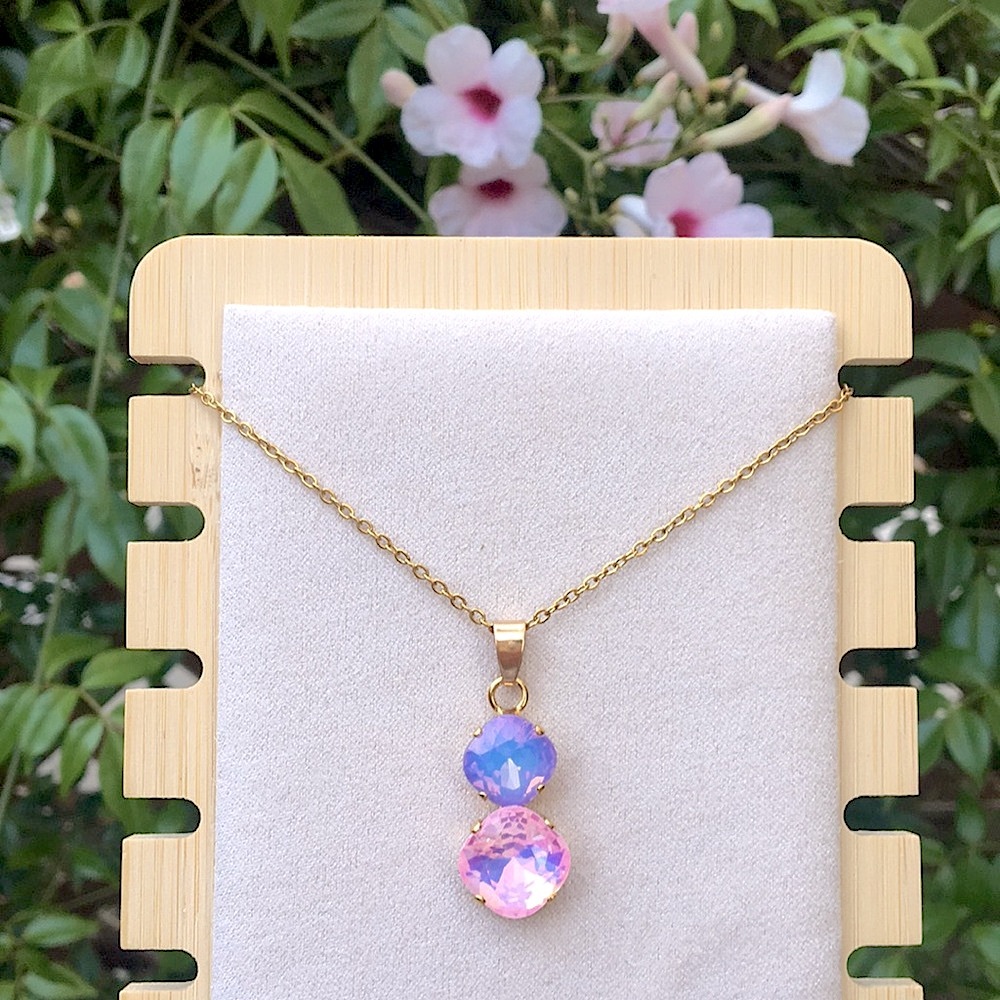 Pink + Periwinkle Purple Blue Opal Aurora Borealis + Gold Drop Pendant Necklace - Picture 6 of 12
